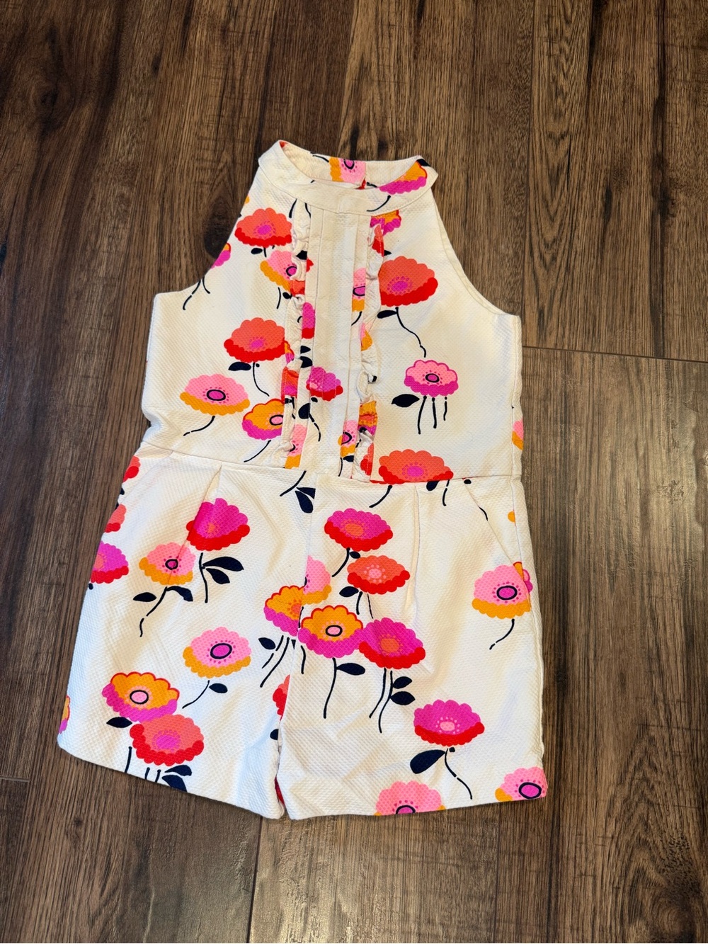 Janie and Jack White Floral Halter Romper with Pink & Orange Blooms